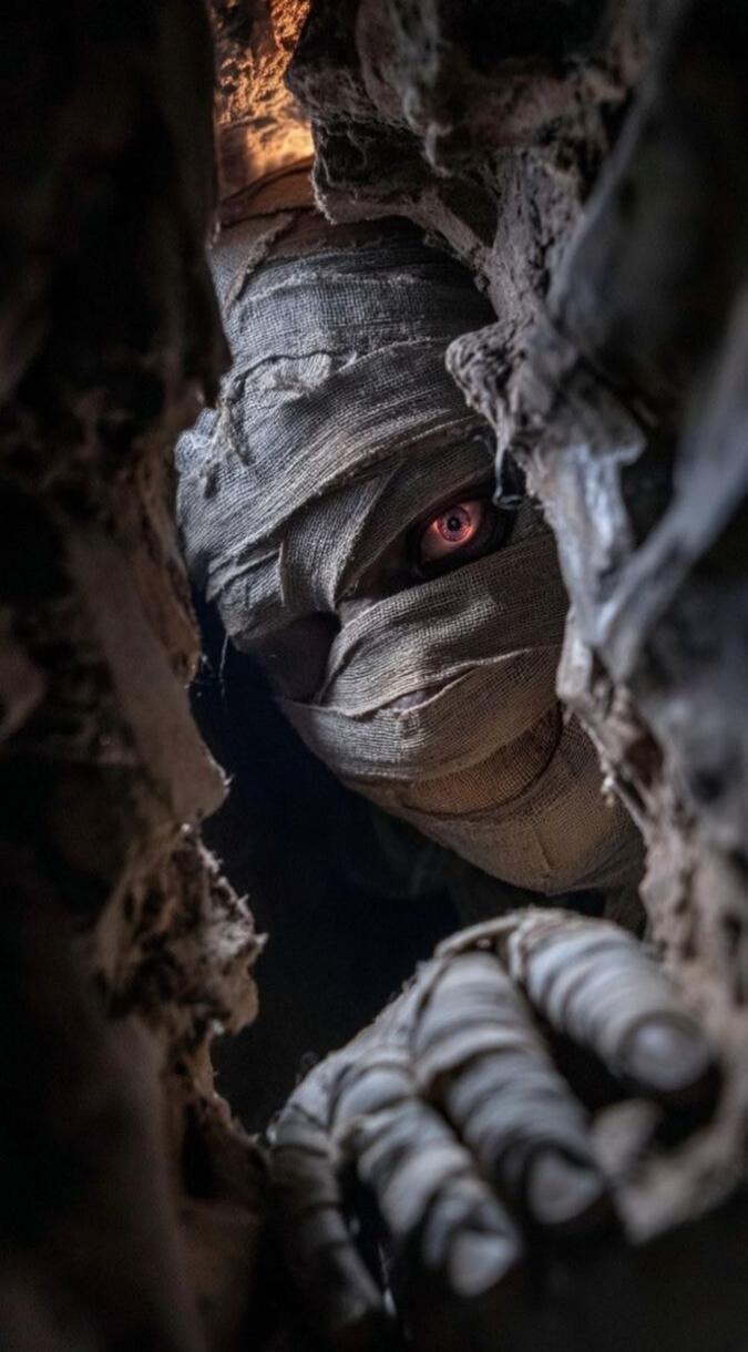A mummy-like figure wrapped in bandages peering through a rocky crevice with a red eye visible.