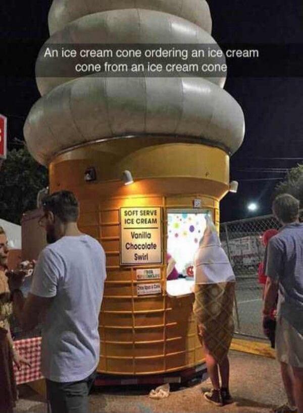 An ice cream cone ordering an cone from anice cream Von Chocolole swi