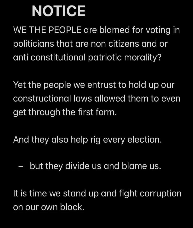 NOTICE WE THE PEOPLE are blamed for voting in politicians that are non citizens and or anti constitutional patriotic morality? Yet the people we entrust to hold up our constructional laws allowed them to even get through the first form. And they also help rig every election. - but they divide us and blame us. It is time we stand up and fight corrup