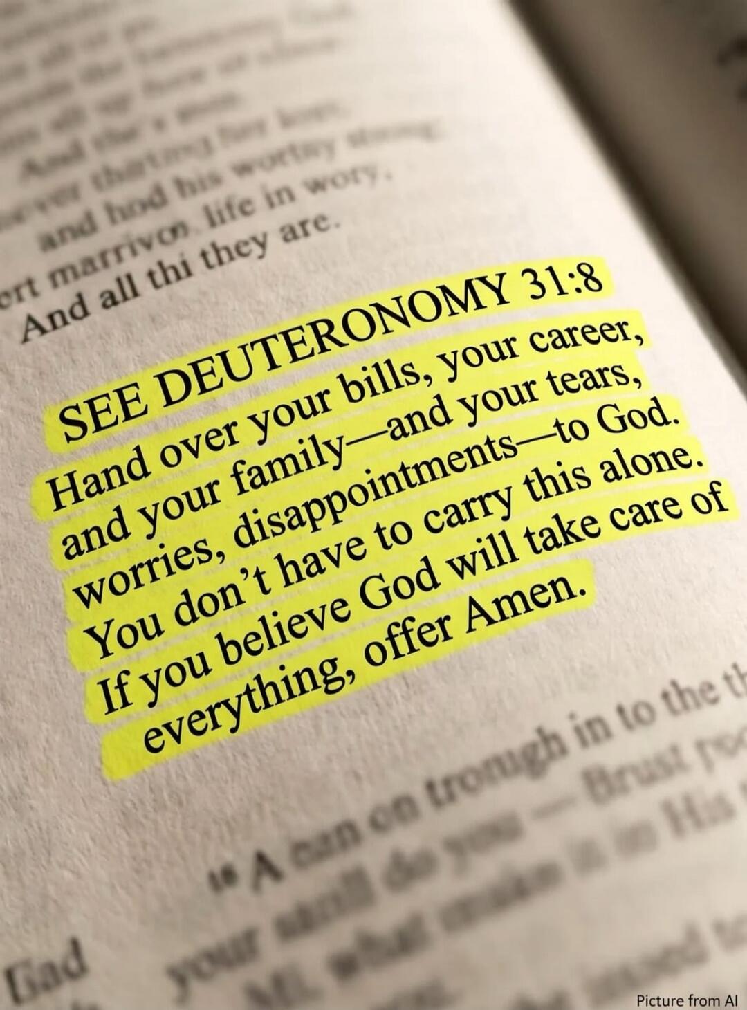 SEE DEUTERONOMY 31:8 Hand over your bills, your career, and your family—and your tears, worries, disappointments—to God. You don't have to carry this alone. If you believe God will take care of everything, offer Amen.