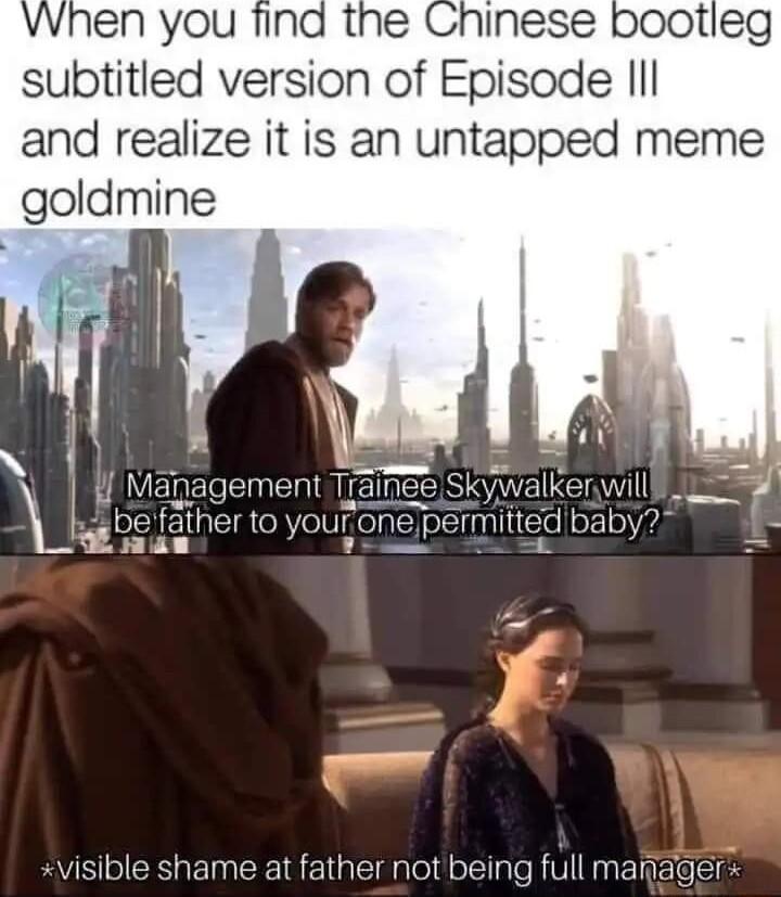 subtitled version of Episode Il and realize it is an untapped meme goldmine x 1 J geme L2 be father to yourone permitted baby2 aan v visible shame at father not being full manager