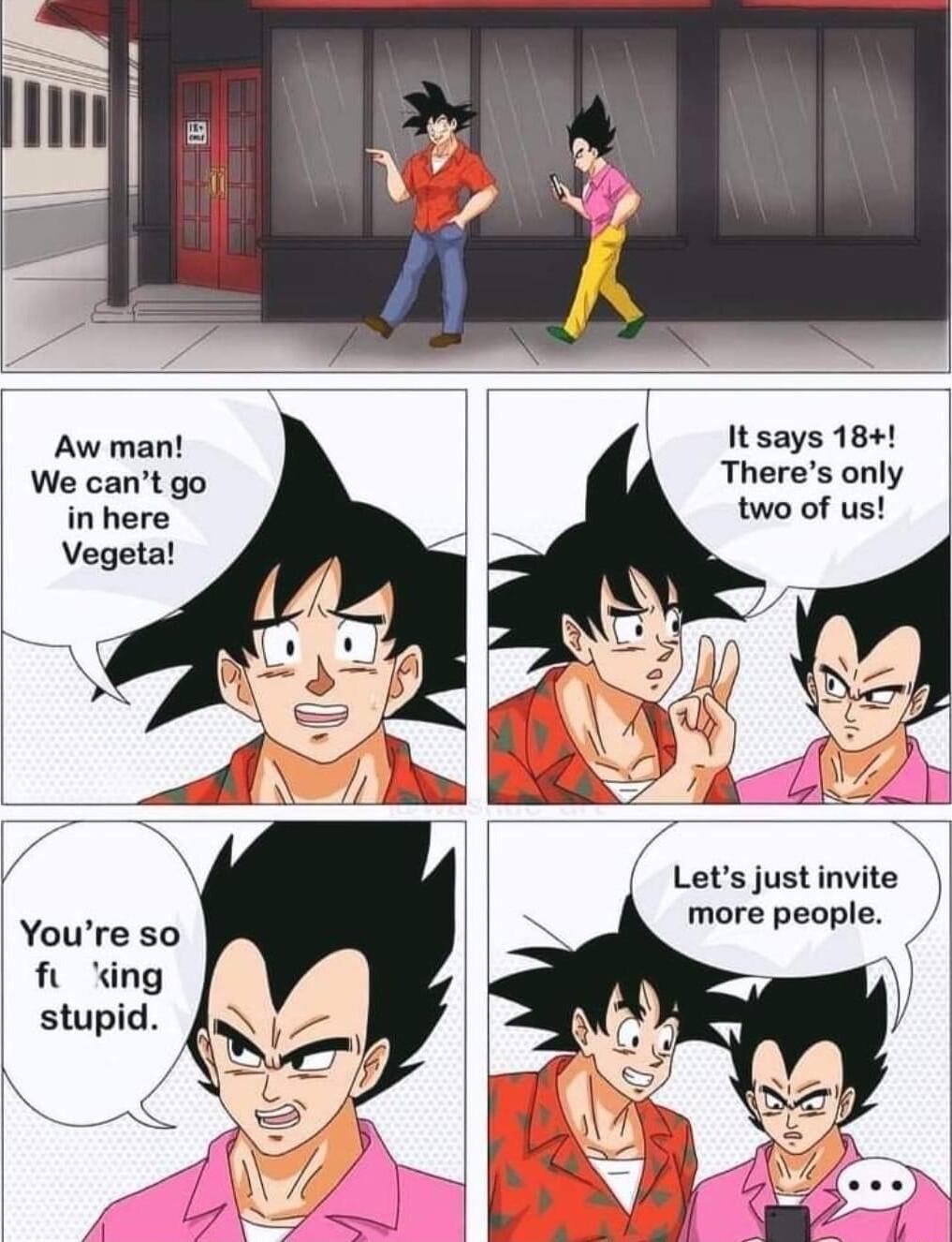 Aw man We cant go in here Vegeta It says 18 Theres only two of us Lets justinvite more people