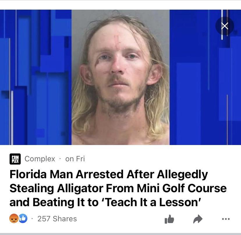 Complex on Fri Florida Man Arrested After Allegedly Stealing Alligator From Mini Golf Course and Beating It to Teach It a Lesson D 257 Shares