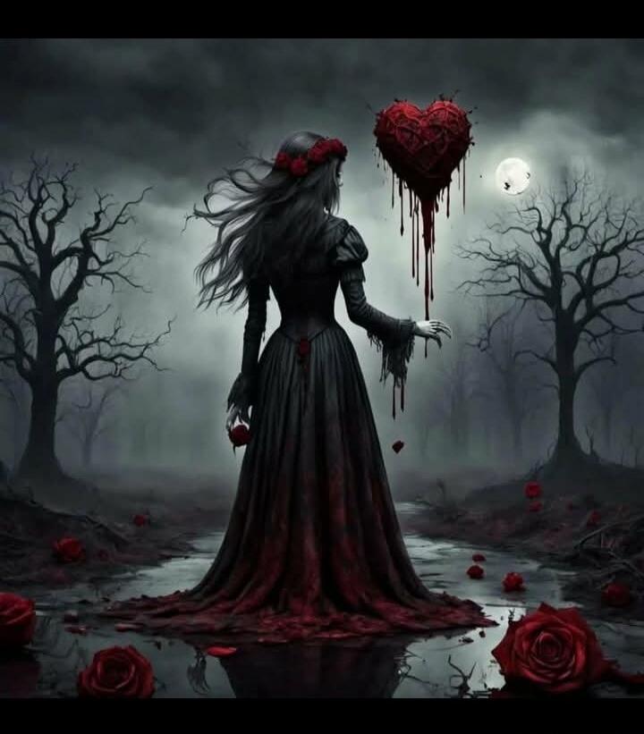 A dark woman in a black gown stands in a moonlit, desolate landscape with bare trees. She holds a blood-red heart on a string, dripping blood, while red rose petals lie scattered on the ground.