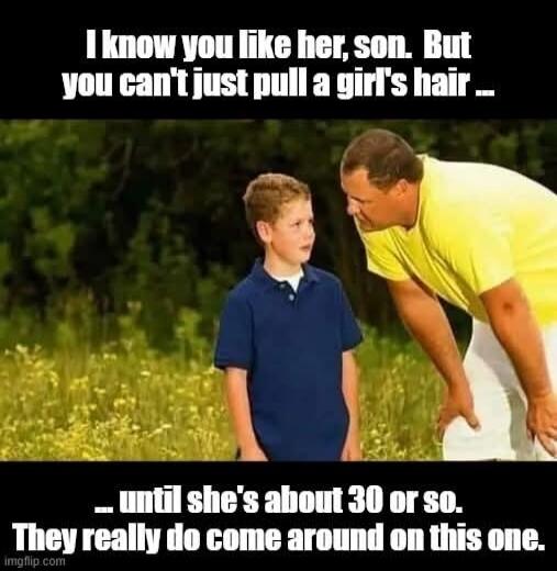 I know you like her, son. But you can't just pull a girl's hair ... until she's about 30 or so. They really do come around on this one.