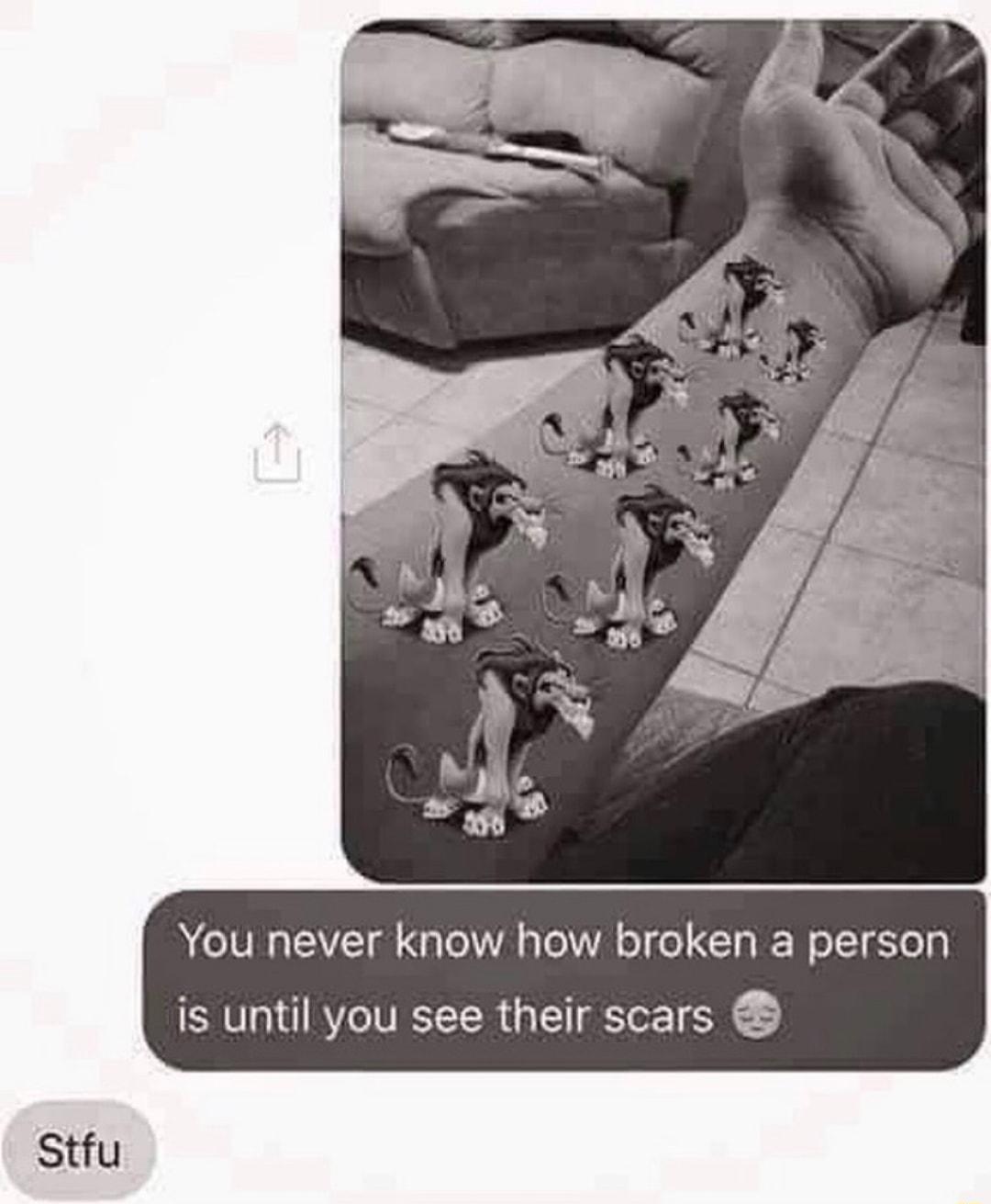 You never know how broken a person is until you see their scars Stfu