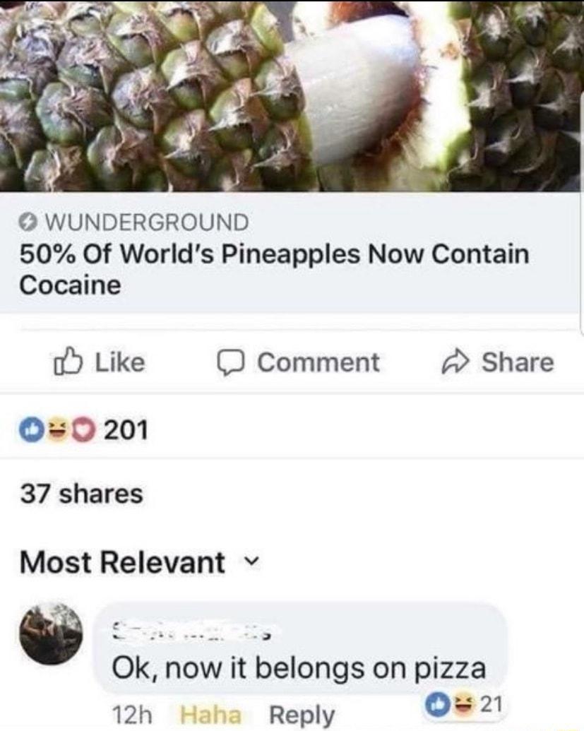 WUNDERGROUND 50 Of Worlds Pineapples Now Contain Cocaine o Like Comment Share 00 201 37 shares Most Relevant v Ok now it belongs on pizza 12h Haha Reply o