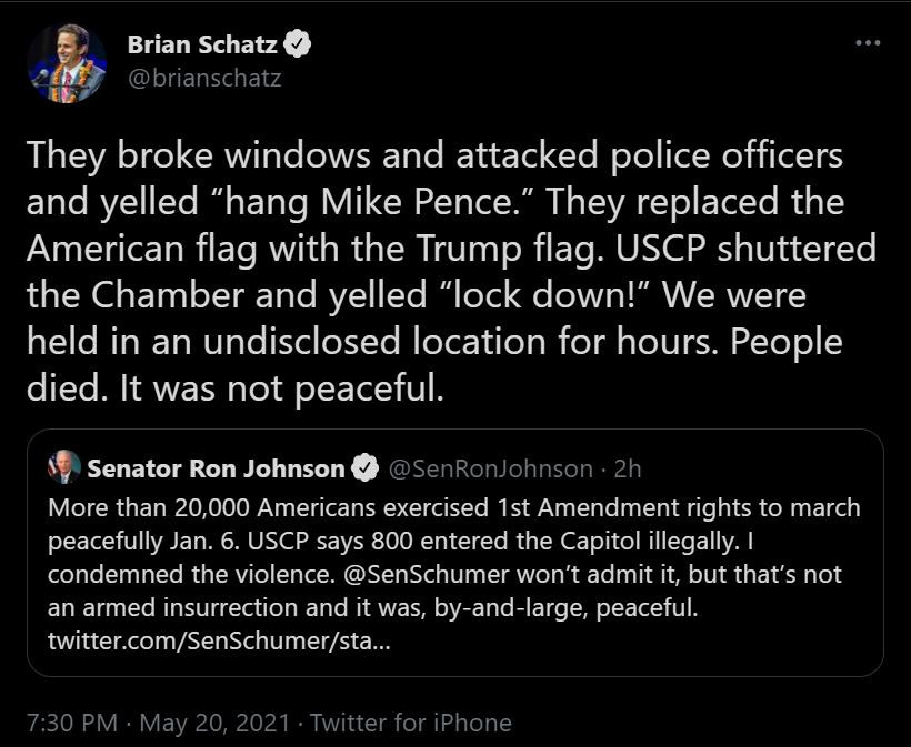 Brian Schatz 2By brianschatz L EYA T CRWTsTe TsTe IET 1e Cle ool Tl Wol i ol1S E1Te RV ETe I s ETaTe W Tl 2T Tl N TEWA T o EYelTe B o 1 American flag with the Trump flag USCP shuttered 1o TSN ET001 oTTgeToTe VY Te I ool e 10 VRRVIVRAVETS e RTORETo NV o Te e o13 Ye MeTerYilo o e il s TeTU M YeT o 1 died It was not peaceful S Senator Ron Johnson SenRonJohnson 2h More than 20000 Americans exercised 1