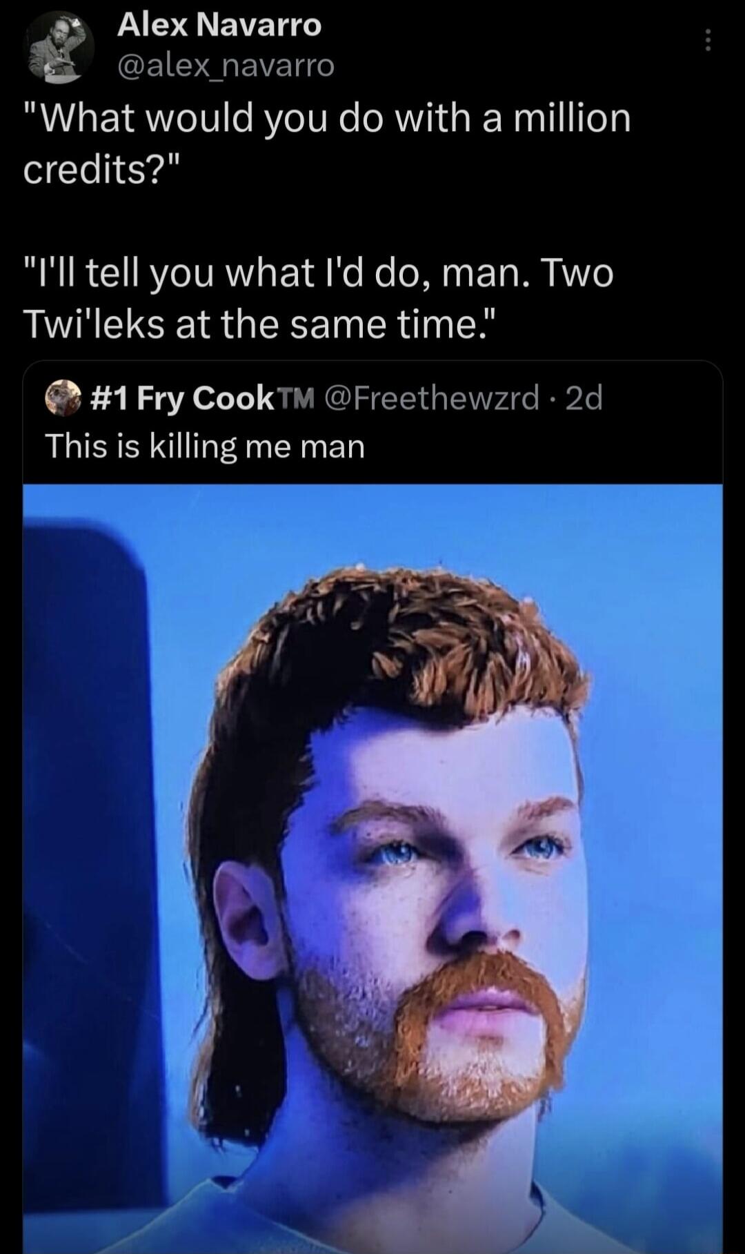 LD EIERT CEICIEEVE i What would you do with a million credits BRI R CIRY VAo T Ne R Ma F Ta W 7o IO ESE R GEEE ER N 1Fry Cook Freethewzrd 2d This is killing me man