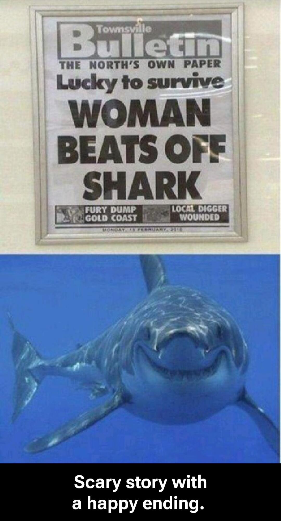 Townsville Bulletin THE NORTH'S OWN PAPER Lucky to survive WOMAN BEATS OFF SHARK FURY DUMP GOLD COAST LOCAL DIGGER WOUNDED MONDAY, 15 FEBRUARY, 2010 Scary story with a happy ending.