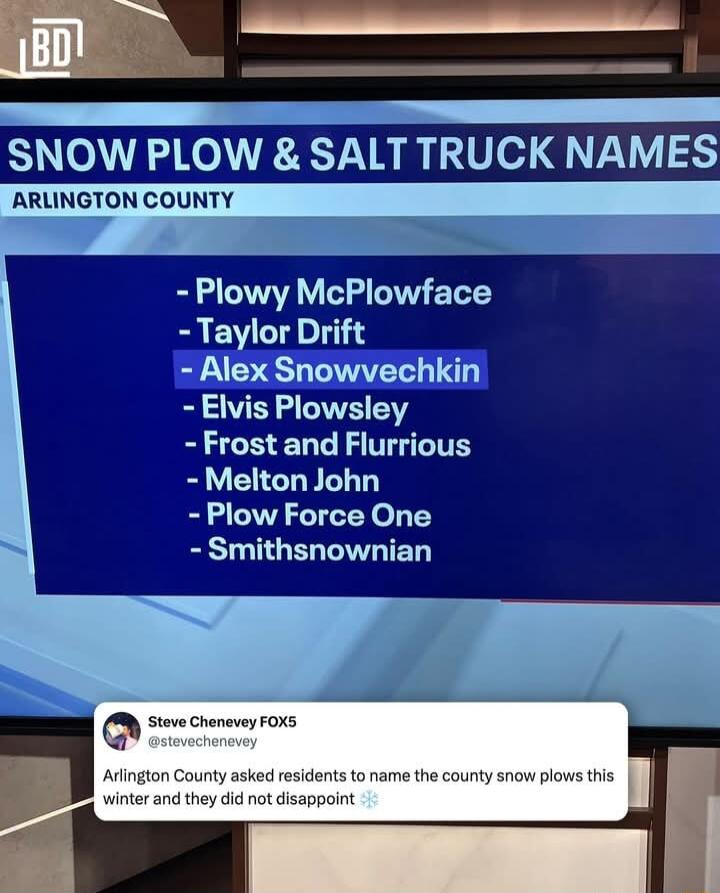 i S SSSSS SNOW PLOW SALT TRUCK NAMES Plowy McPlowface Taylor Drift Alex Snowvechkin Elvis Plowsley BB ELC LTI Melton John Plow Force One B G EL A TED