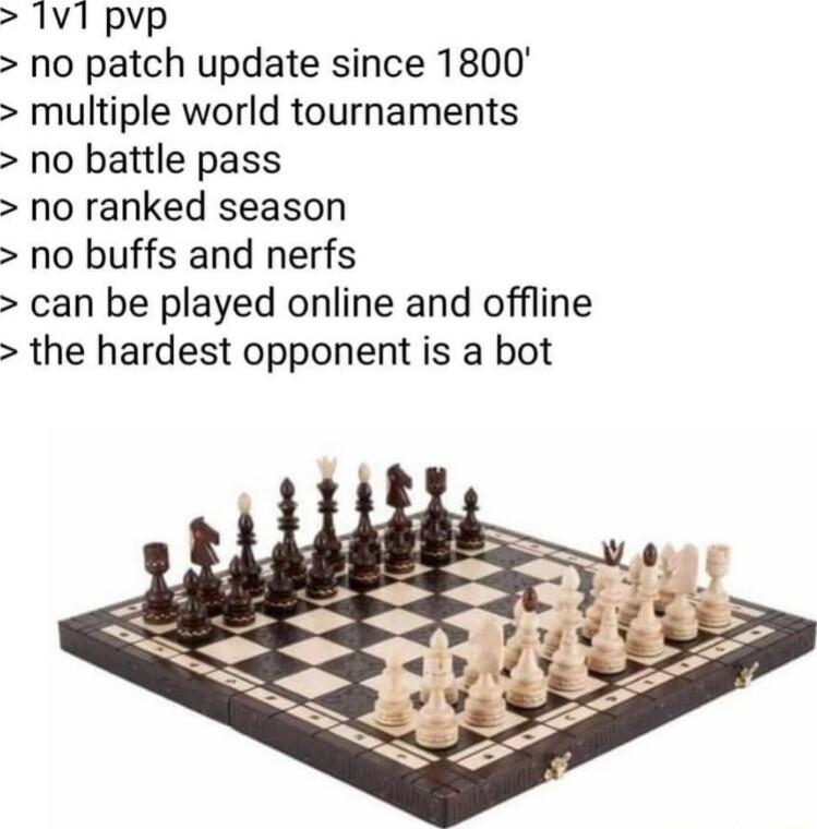 1v1 pvp no patch update since 1800 multiple world tournaments no battle pass no ranked season no buffs and nerfs can be played online and offline the hardest opponent is a bot