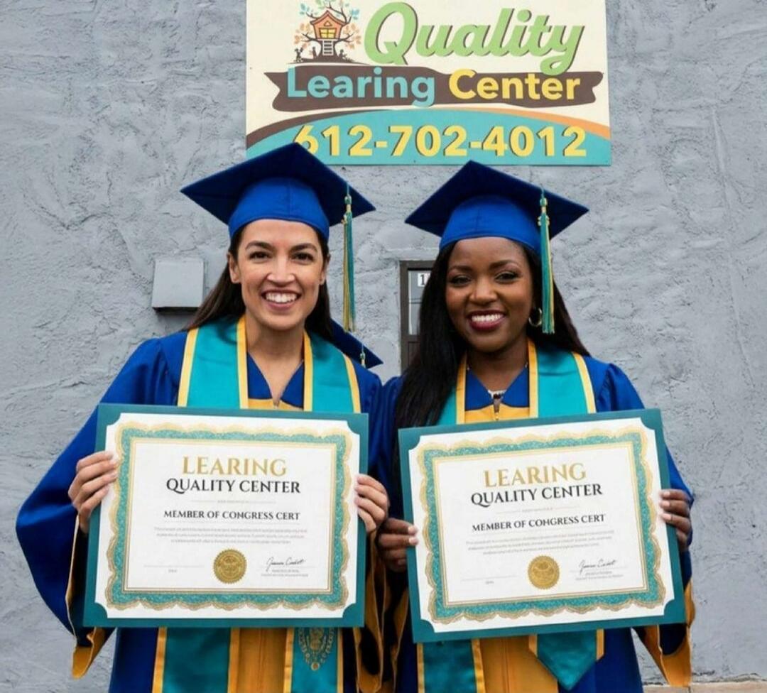 Quality Learning Center sign with phone number 512-702-4012. Two graduates in blue gowns holding certificates that read 'LEARNING QUALITY CENTER' and 'MEMBER OF CONGRESS CERT' (approximate).