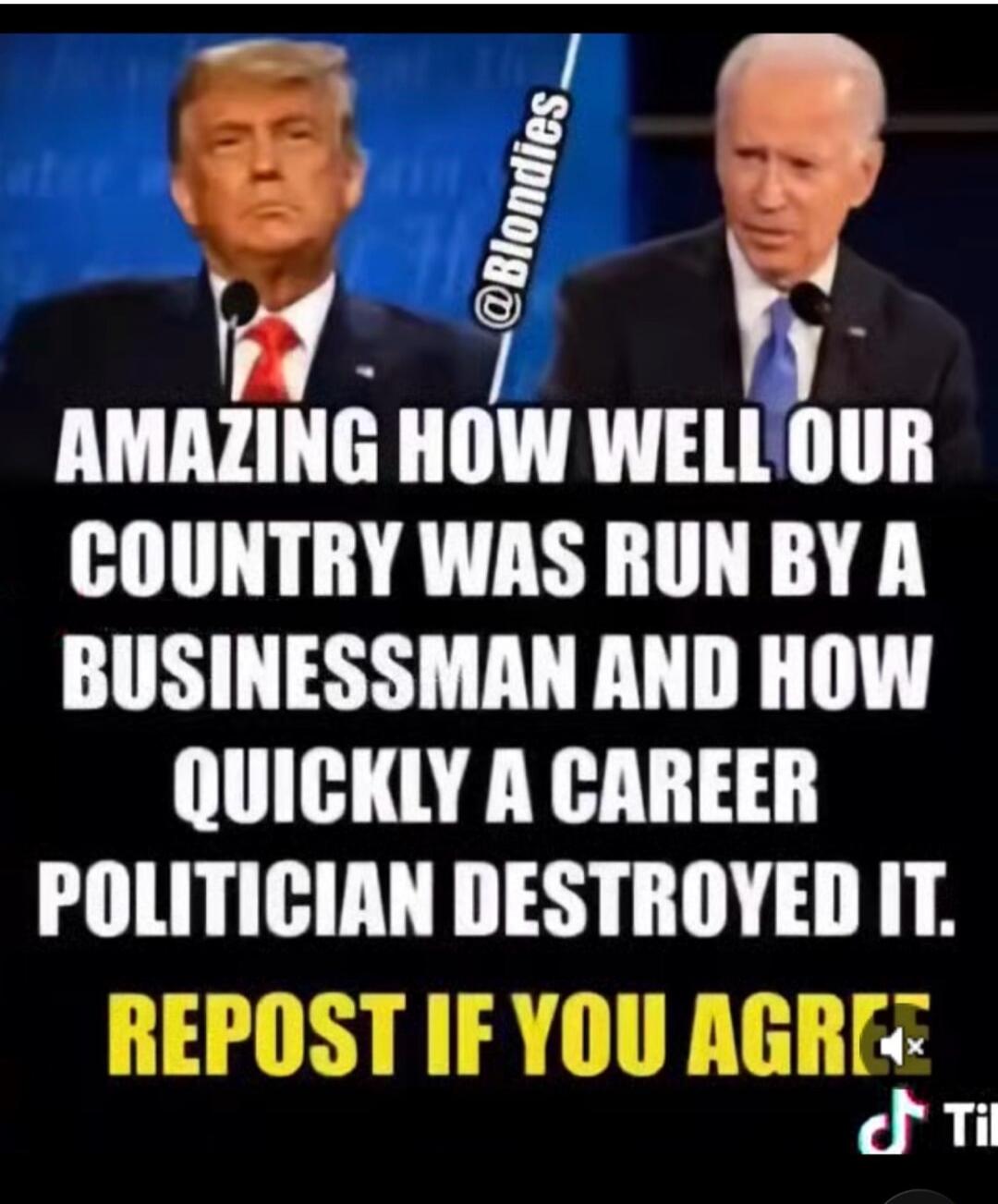 Amazing how well our country was run by a businessman and how quickly a career politician destroyed it. Repost if you agree.