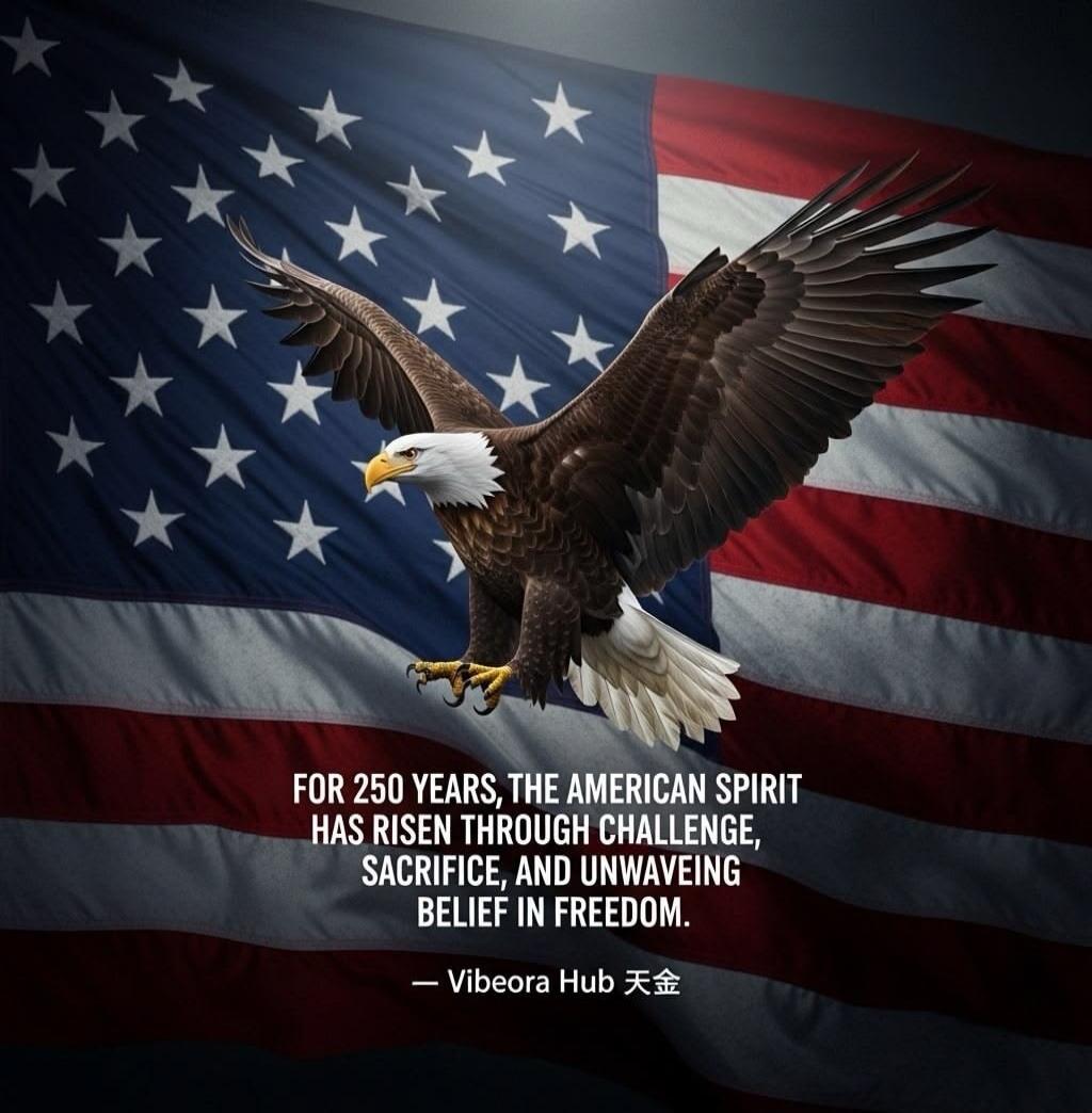FOR 250 YEARS, THE AMERICAN SPIRIT HAS RISEN THROUGH CHALLENGE, SACRIFICE, AND UNWAVEING BELIEF IN FREEDOM. — Vibeora Hub 天金