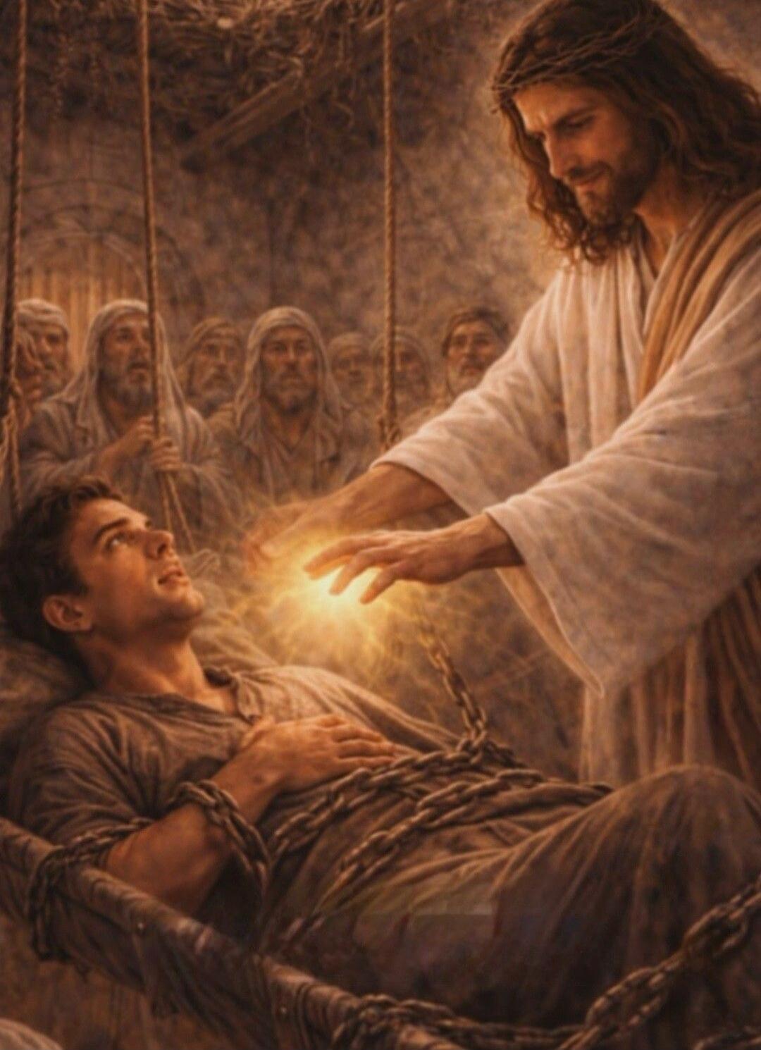 Jesus heals a bound man with glowing light.