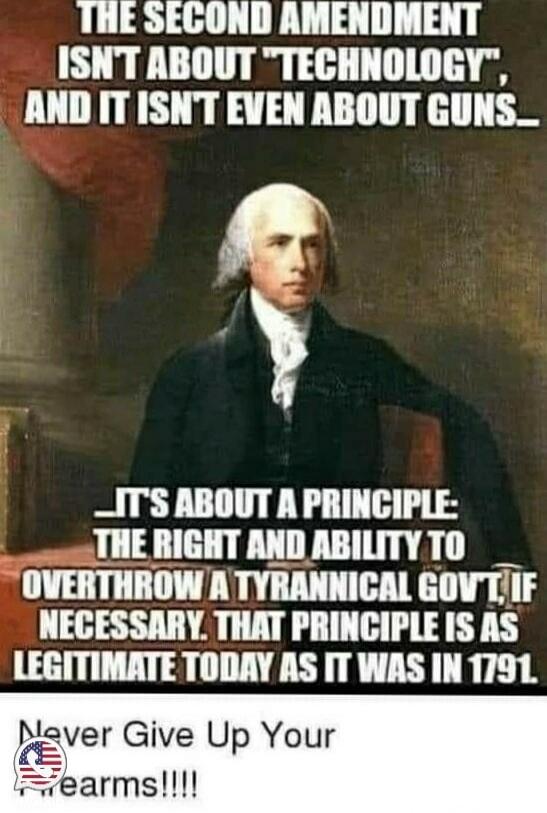 THE SECOND AMENDMENT ISN'T ABOUT 'TECHNOLOGY', AND IT ISN'T EVEN ABOUT GUNS... IT'S ABOUT A PRINCIPLE: THE RIGHT AND ABILITY TO OVERTHROW A TYRANNICAL GOV'T, IF NECESSARY. THAT PRINCIPLE IS AS LEGITIMATE TODAY AS IT WAS IN 1791. Never Give Up Your ... Firearms!!!!