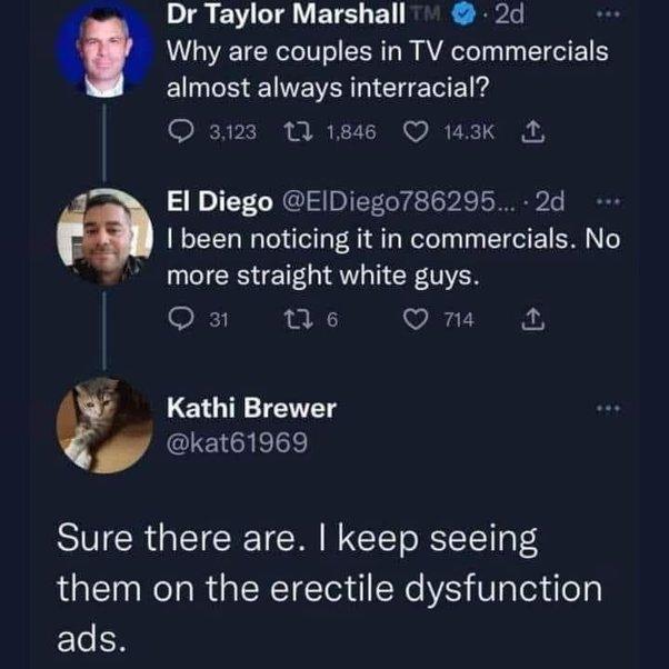 Dr Taylor Marshall 2d gee m Why are couples in TV commercials almost always interracial 3123 11846 O 143K El Diego EIDiego786295 2d I been noticing it in commercials No more straight white guys O Ve Qn Kathi Brewer o kat61969 Sure there are keep seeing them on the erectile dysfunction RN