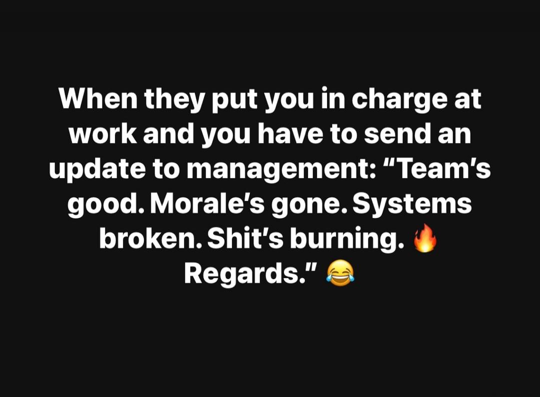When they put you in charge at work and you have to send an update to management: 'Team's good. Morale's gone. Systems broken. Shit's burning. 🔥 Regards.' 😂