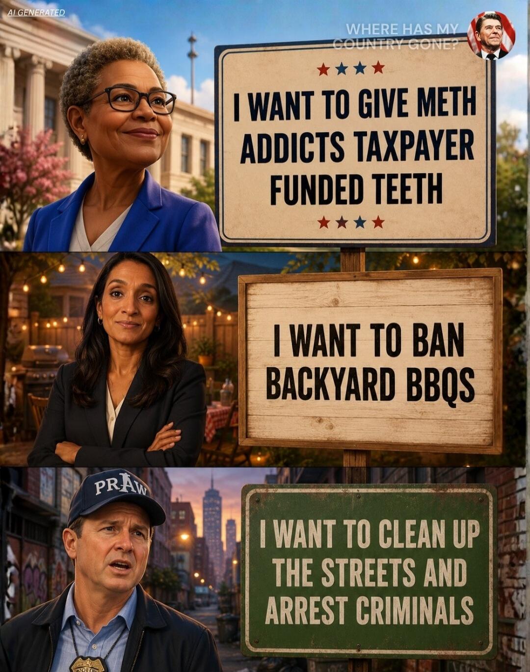 AI GENERATED. WHERE HAS MY COUNTRY GONE? I WANT TO GIVE METH ADDICTS TAXPAYER FUNDED TEETH. I WANT TO BAN BACKYARD BBQS. I WANT TO CLEAN UP THE STREETS AND ARREST CRIMINALS.