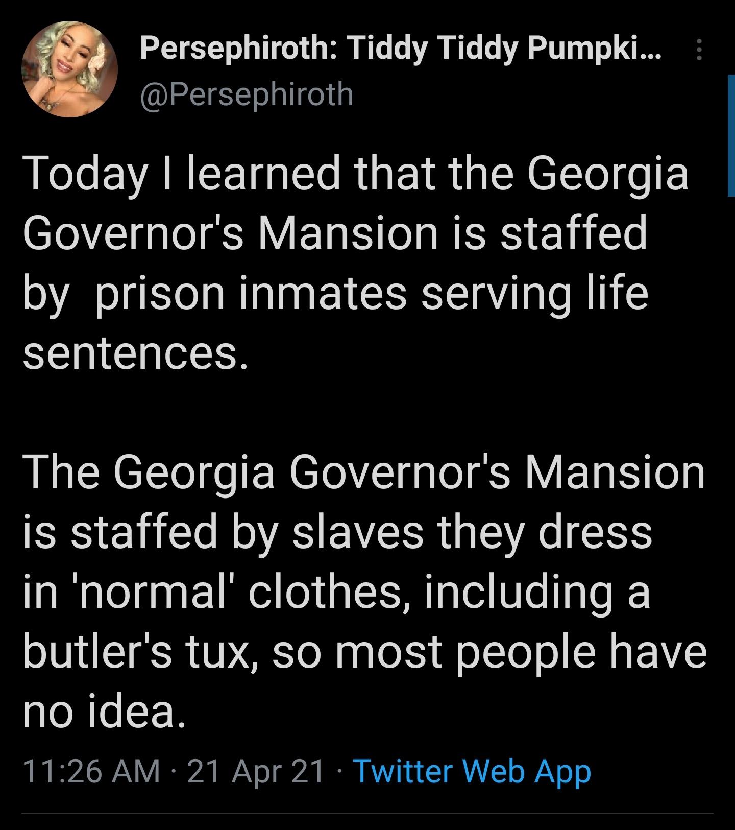 3 Persephiroth Tiddy Tiddy Pumpki IEIETEolallfel 1y L Je EVARCEIf Ris E1R L R ETTol fo Governors Mansion is staffed by prison inmates serving life sentences The Georgia Governors Mansion is staffed by slaves they dress in normal clothes including a butlers tux so most people have no idea L DA CIANLY It Y o g2t I VY7 a 1 A o WAV o o