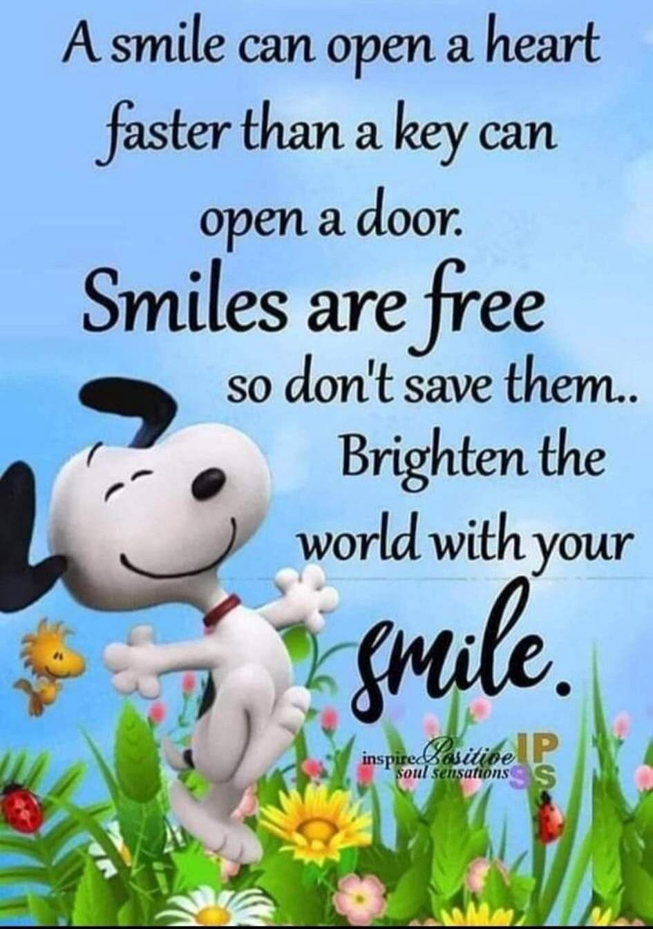 A smile can open a heart faster than a key can open a door. Smiles are free so don't save them. Brighten the world with your smile. inspire Positive soul sensations