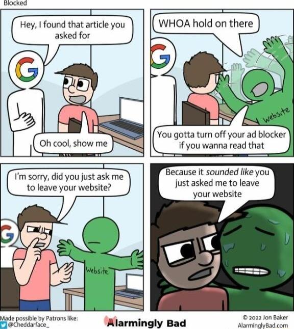 NocRes Hey found that article you asked for WHOA hold on there You gotta turn off your ad blocker if you wanna read that Tim sorry did you just ask me o leave your website e posti by Paors e ads ponsble by P IKlarmingly Bad L Because it sounded ke you just asked me to leave your website