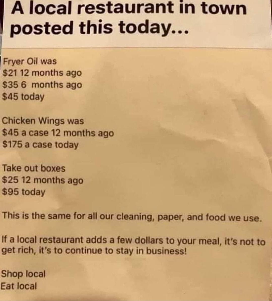 A local restaurant in town posted this today Fryer Oil was 2112 months ago 35 6 months ago 45 today Chicken Wings was 45 a case 12 months ago 175 a case today Take out boxes 25 12 months ago 95 today This is the same for all our cleaning paper and food we use If a local restaurant adds a few dollars to your meal its not to get rich its to continue to stay in business Shop local Eat local