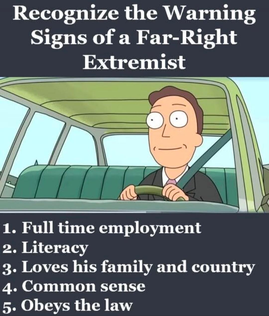 Recognize the Warning Signs of a Far-Right Extremist 1. Full time employment 2. Literacy 3. Loves his family and country 4. Common sense 5. Obeys the law