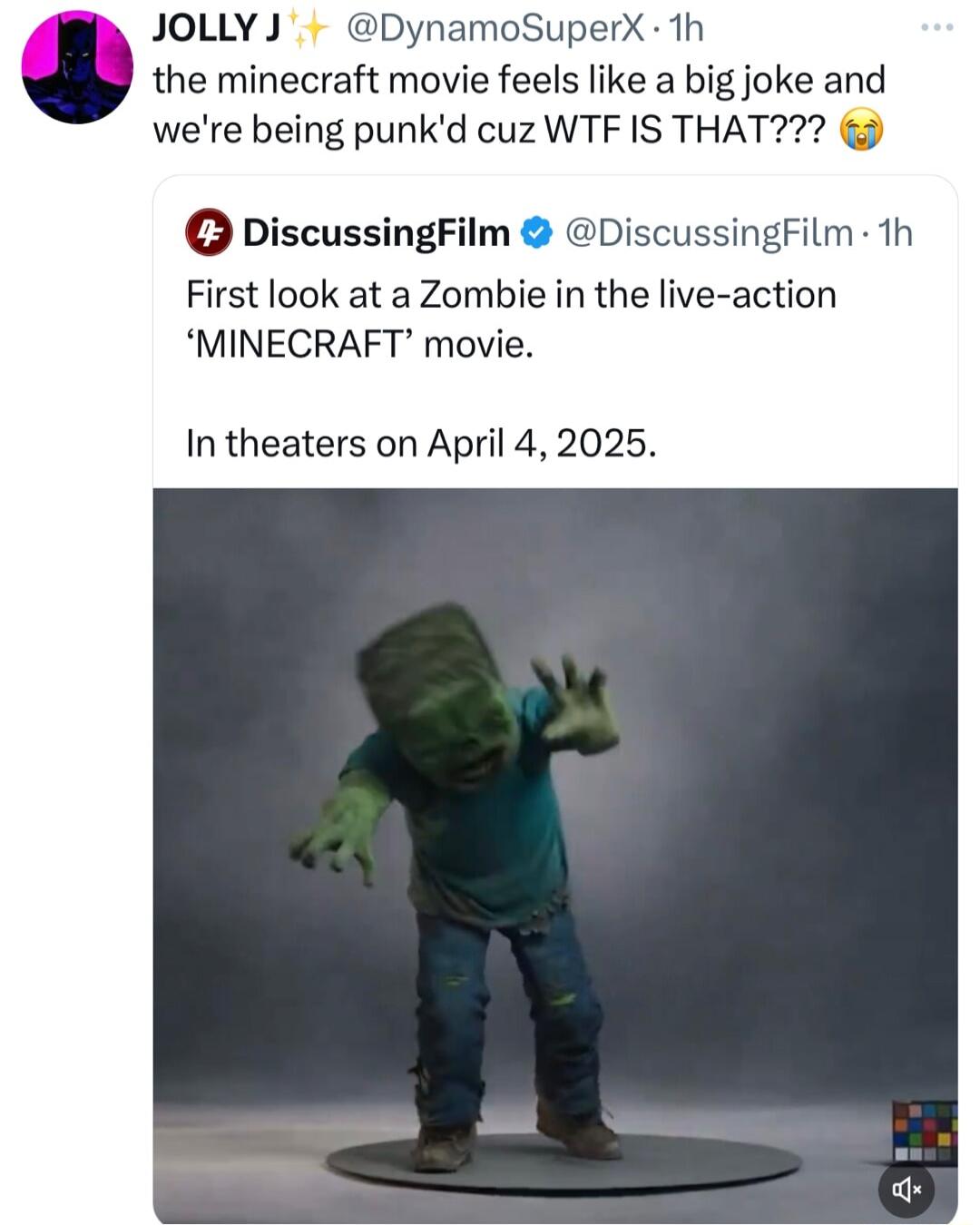 JOLLYJ DynamoSuperX 1h the minecraft movie feels like a big joke and were being punkd cuz WTF IS THAT2 DiscussingFilm D ingFilm 1h First look at a Zombie in the live action MINECRAFT movie In theaters on April 42025