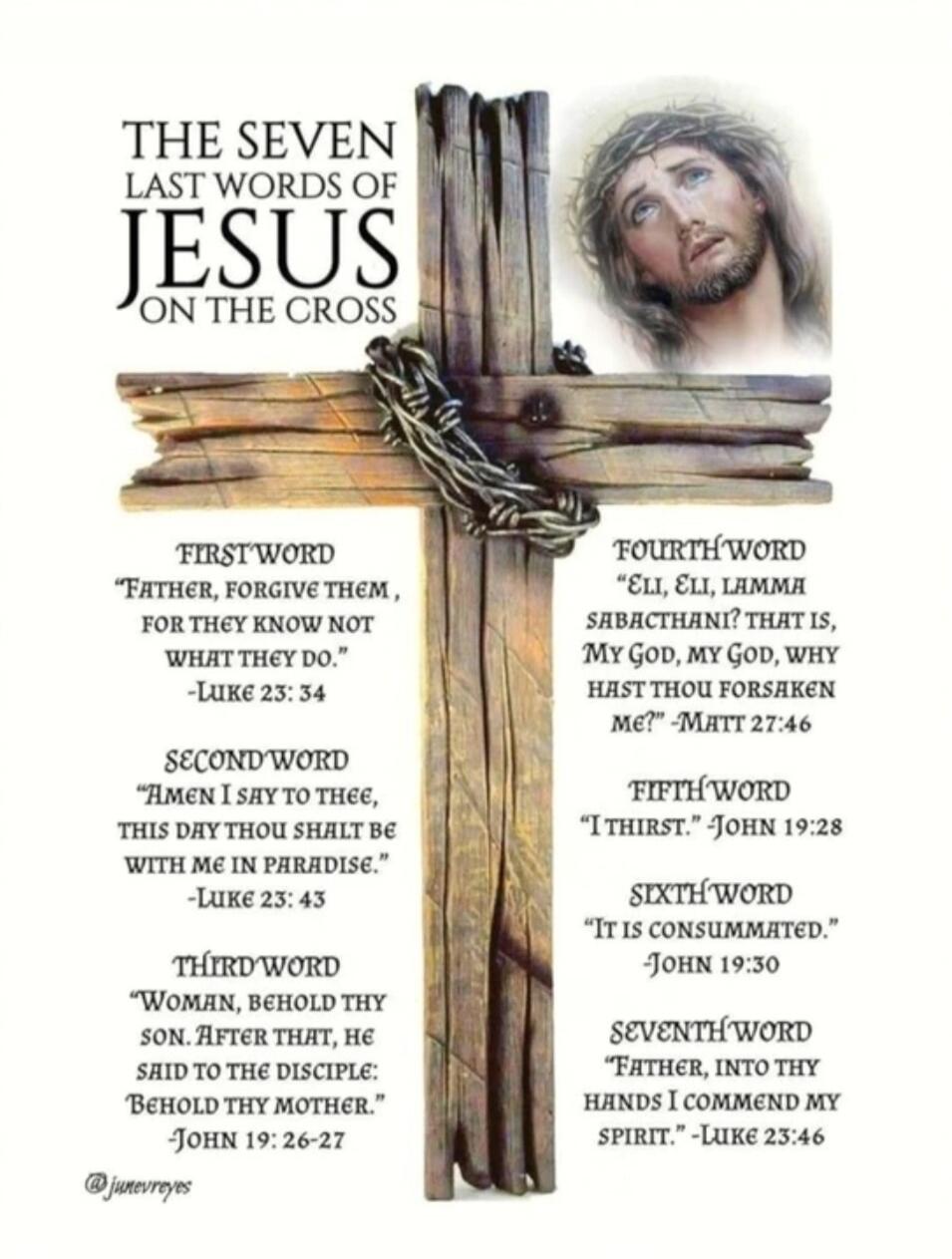 THE SEVEN LAST WORDS OF JESUS ON THE CROSS

First Word: “Father, forgive them, for they know not what they do.” — Luke 23:34
Second Word: “Amen I say to thee, this day thou shalt be with me in paradise.” — Luke 23:43
Third Word: “Woman, behold thy son. After that, he said to the disciple: Behold thy mother.” — John 19:26-27
Fourth Word: “Eli, Eli, 