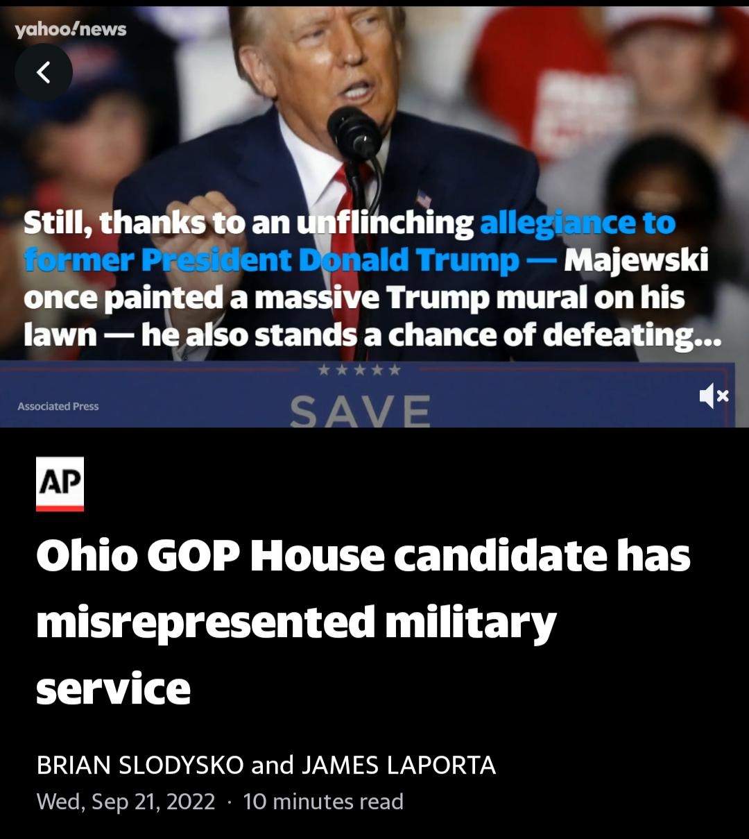 Ohio GOP House candidate has misrepresented military service BRIAN SLODYSKO and JAMES LAPORTA Wed Sep 212022 10 minutes read Listen 12min