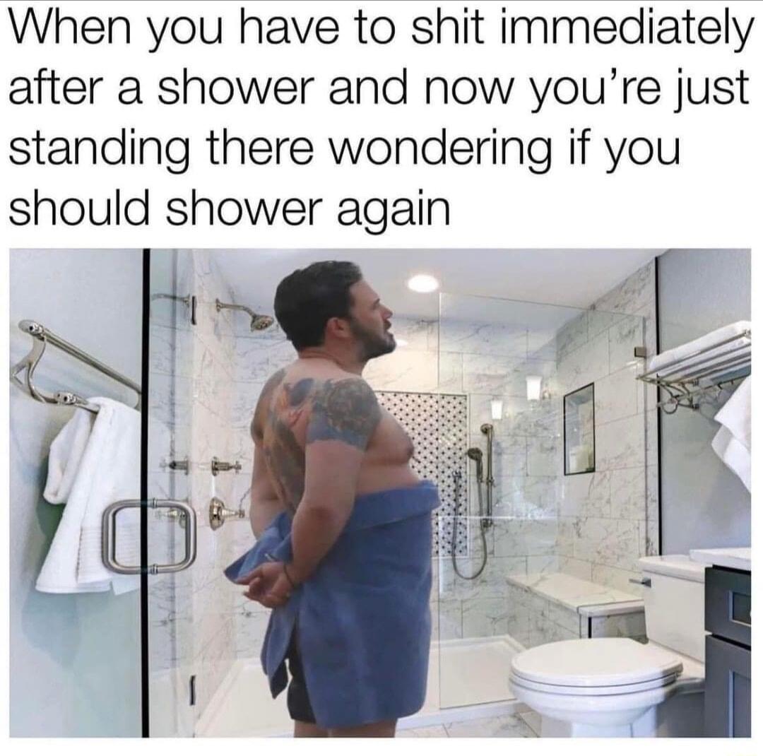 When you have to shit immediately after a shower and now youre just standing there wondering if you should shower again