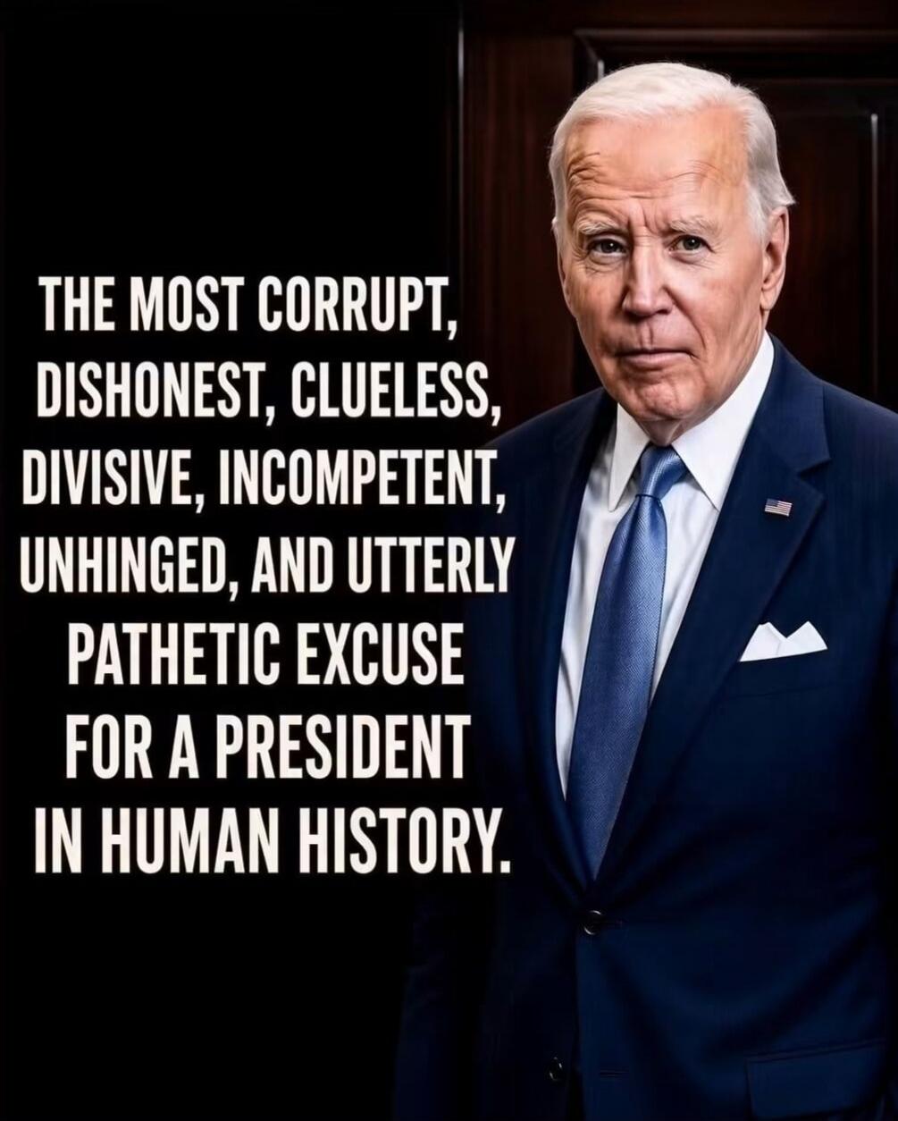 THE MOST CORRUPT, DISHONEST, CLUELESS, DIVISIVE, INCOMPETENT, UNHINGED, AND UTTERLY PATHETIC EXCUSE FOR A PRESIDENT IN HUMAN HISTORY.