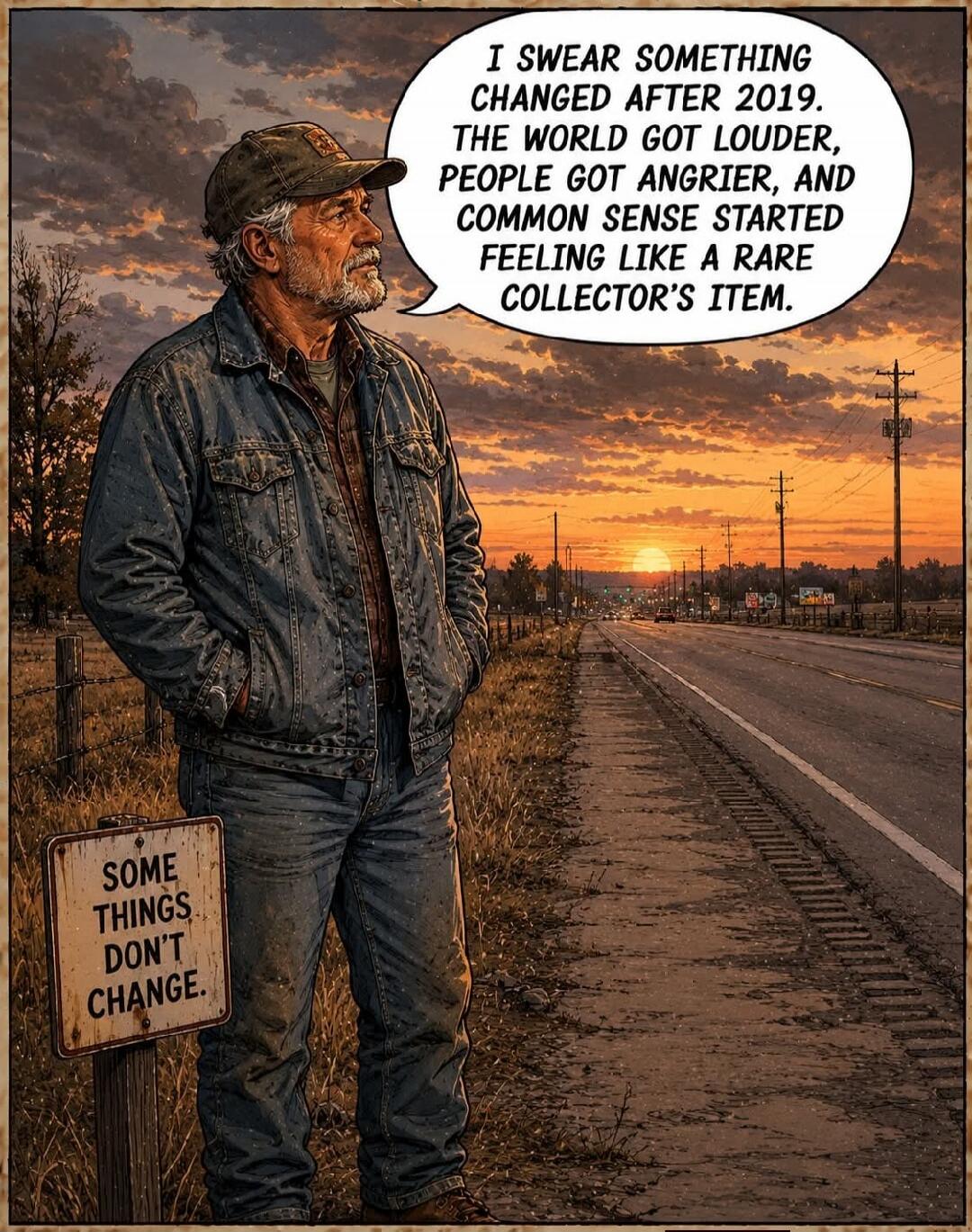 I SWEAR SOMETHING CHANGED AFTER 2019. THE WORLD GOT LOUDER, PEOPLE GOT ANGRIER, AND COMMON SENSE STARTED FEELING LIKE A RARE COLLECTOR'S ITEM. SOME THINGS DON'T CHANGE.