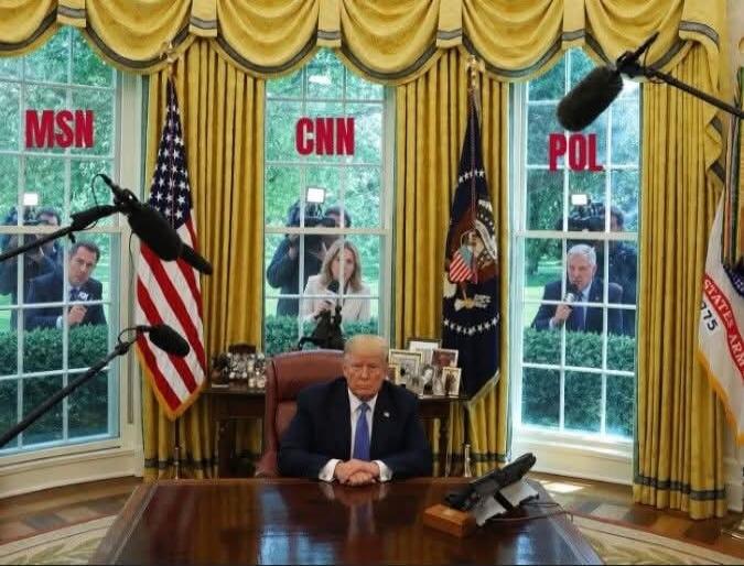 MSN CNN POL. Donald Trump sits at his desk in the Oval Office, while journalists from various media outlets like MSN, CNN, and Politico (implied by POL) are outside the windows, seemingly trying to get his attention. A handgun is visible on the desk.