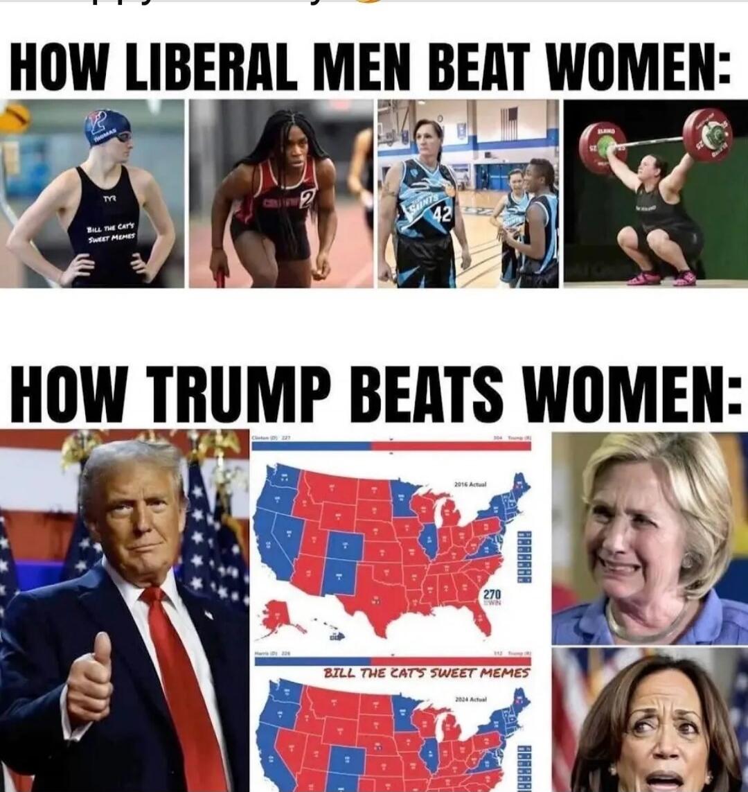 HOW LIBERAL MEN BEAT WOMEN:
[image collage of athletes]
HOW TRUMP BEATS WOMEN:
[images of Donald Trump, maps, Hillary Clinton, and others]