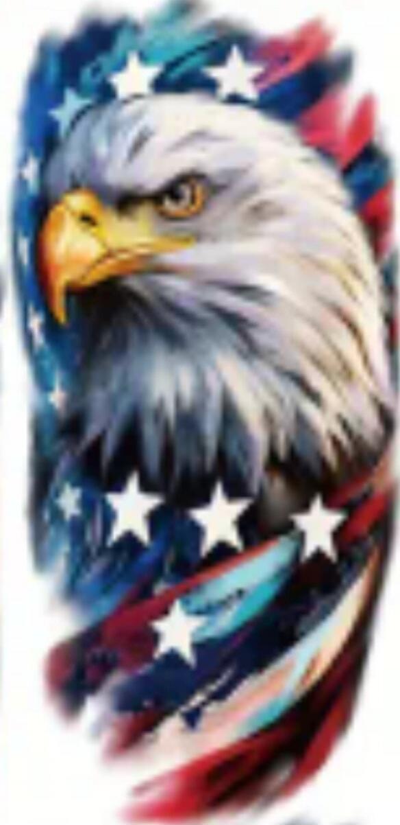 Eagle head with American flag-themed background.
