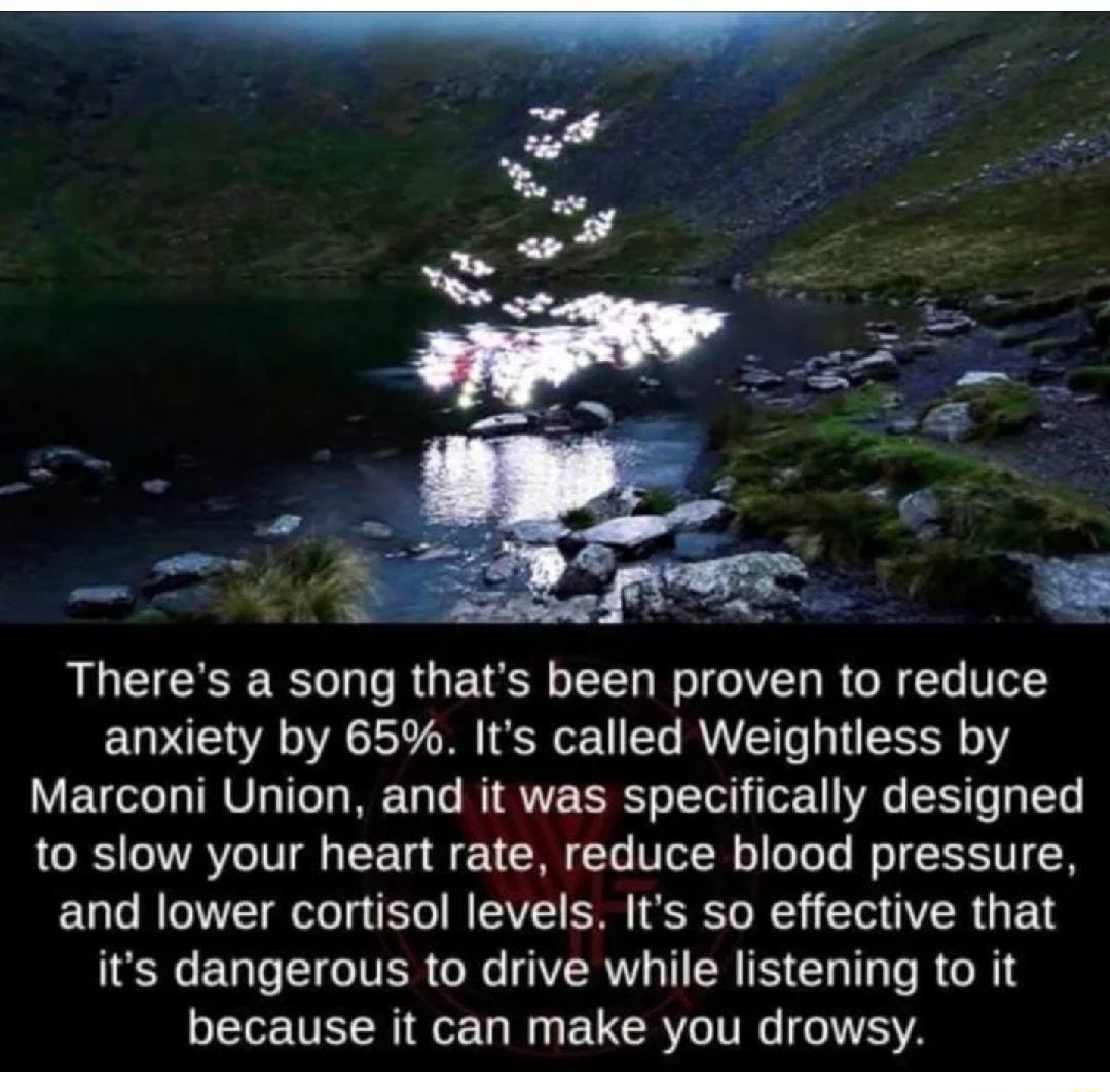 Theres a song thats been proven to reduce anxiety by 65 Its called Weightless by Marconi Union and it was specifically designed 1R 1WA o TV gl T F Ta M 10 VIoH o oTo T Mo EIS VI N and lower cortisol levels Its so effective that its dangerous to drive while listening to it because it can make you drowsy TS