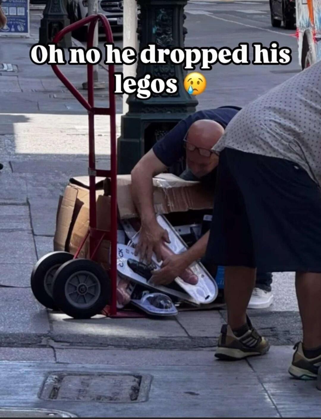 Oh no he dropped his legos 😢