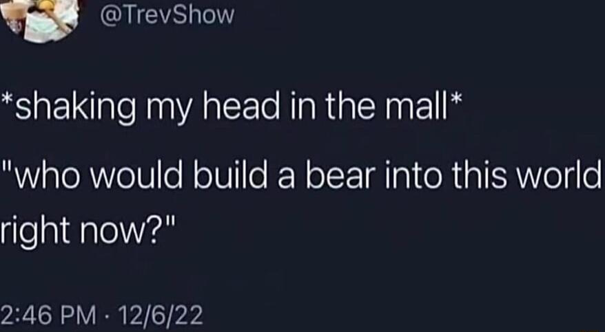 g CUEVEIE shaking my head in the mall who would build a bear into this world right now 246 PM 12622