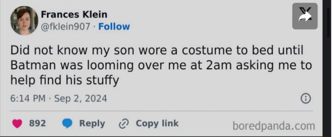Frances Klein fkiein907 Follow Did not know my son wore a costume to bed until Batman was looming over me at 2am asking me to help find his stuffy 614 PM Sep 2 2024 o 892 Reply Copylink oredpandacor