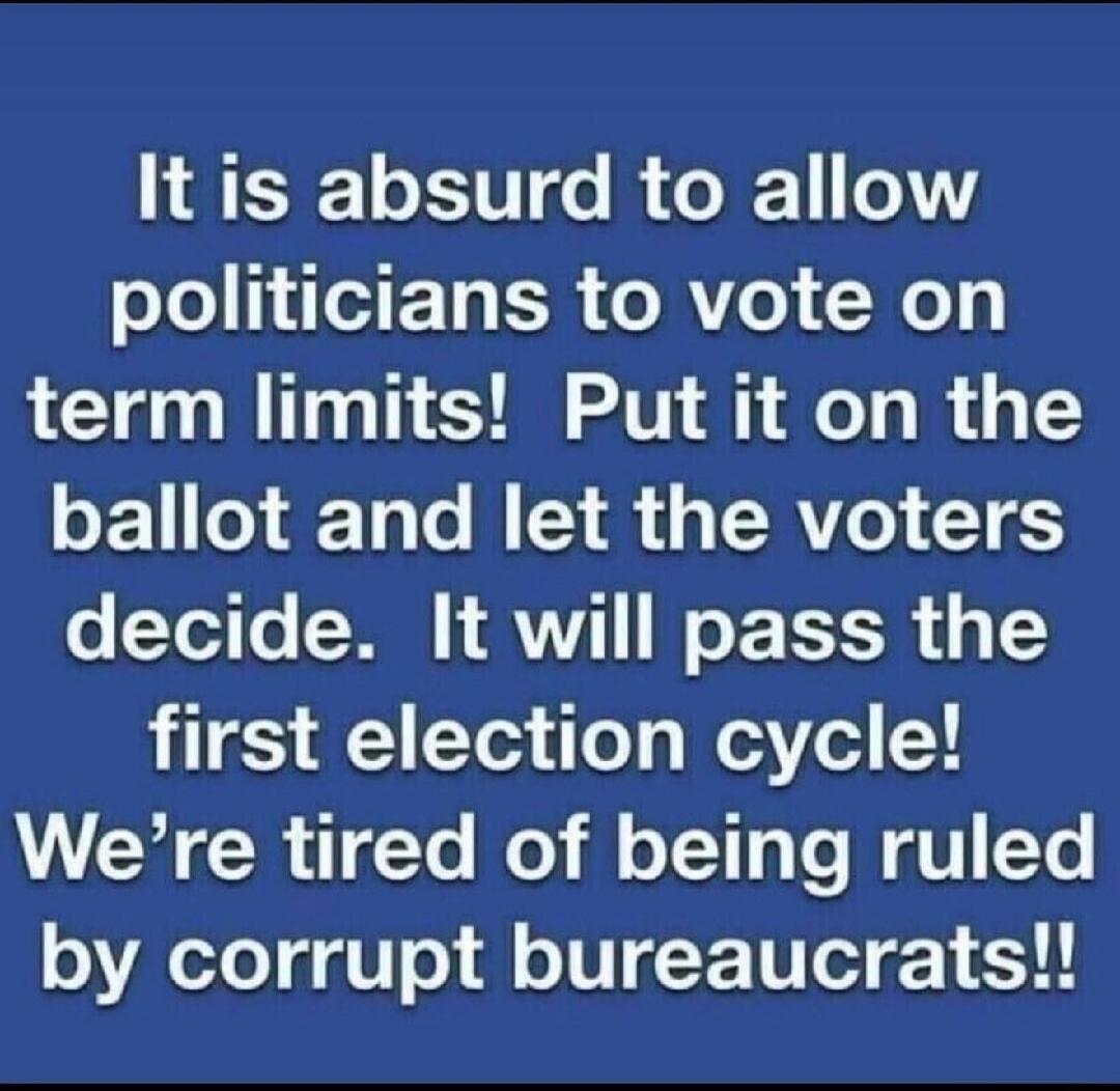 It is absurd to allow politicians to vote on term limits! Put it on the ballot and let the voters decide. It will pass the first election cycle! We're tired of being ruled by corrupt bureaucrats!!