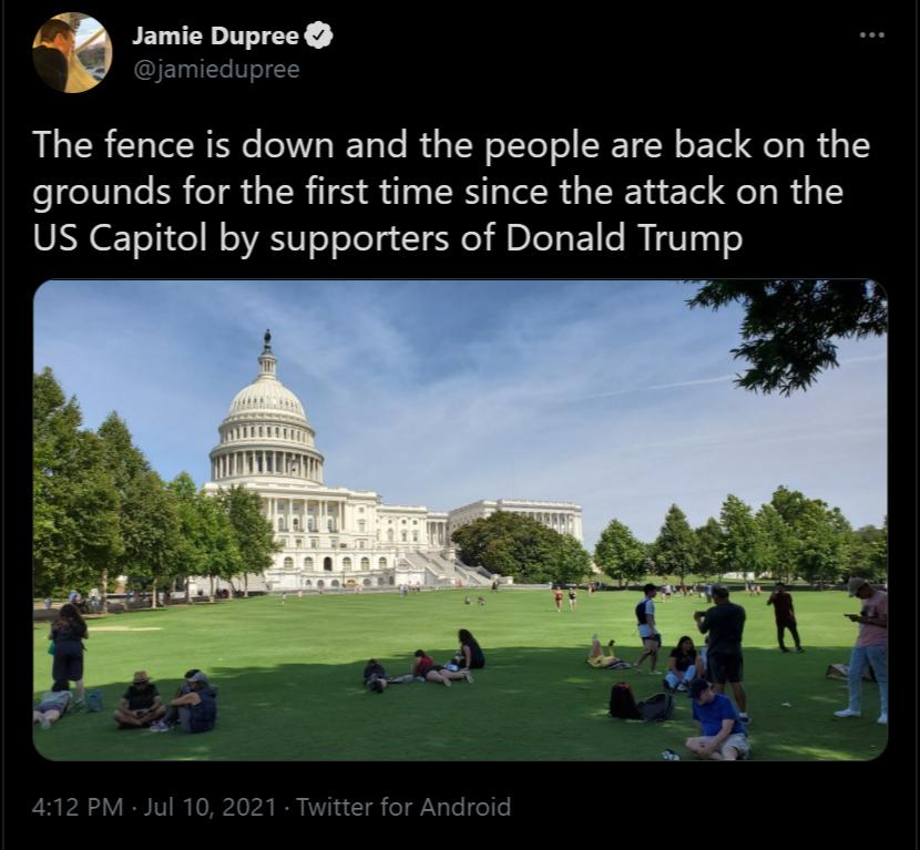 3 FEVITER I Y L Diamiedunre The fence is down and the people are back on the grounds for the first time since the attack on the US Capitol by supporters of Donald Trump