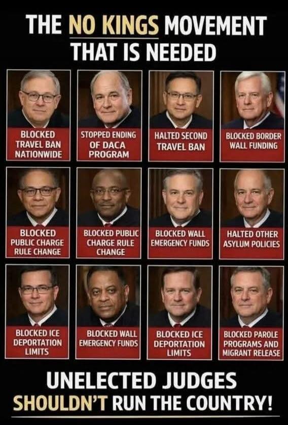 THE NO KINGS MOVEMENT THAT IS NEEDED BLOCKED TRAVEL BAN NATIONWIDE STOPPED ENDING OF DACA PROGRAM HALTED SECOND TRAVEL BAN BLOCKED BORDER WALL FUNDING BLOCKED PUBLIC CHARGE RULE CHANGE BLOCKED WALL EMERGENCY FUNDS HALTED OTHER ASYLUM POLICIES BLOCKED ICE DEPORTATION LIMITS BLOCKED PAROLE PROGRAMS AND MIGRANT RELEASE UNELECTED JUDGES SHOULDN'T RUN T