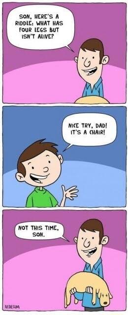 SON HERES A RIDDLE WHAT HAS fOuR LEGS BUT ISNT ALVE NICE TRY DAD ITS A CHAIR