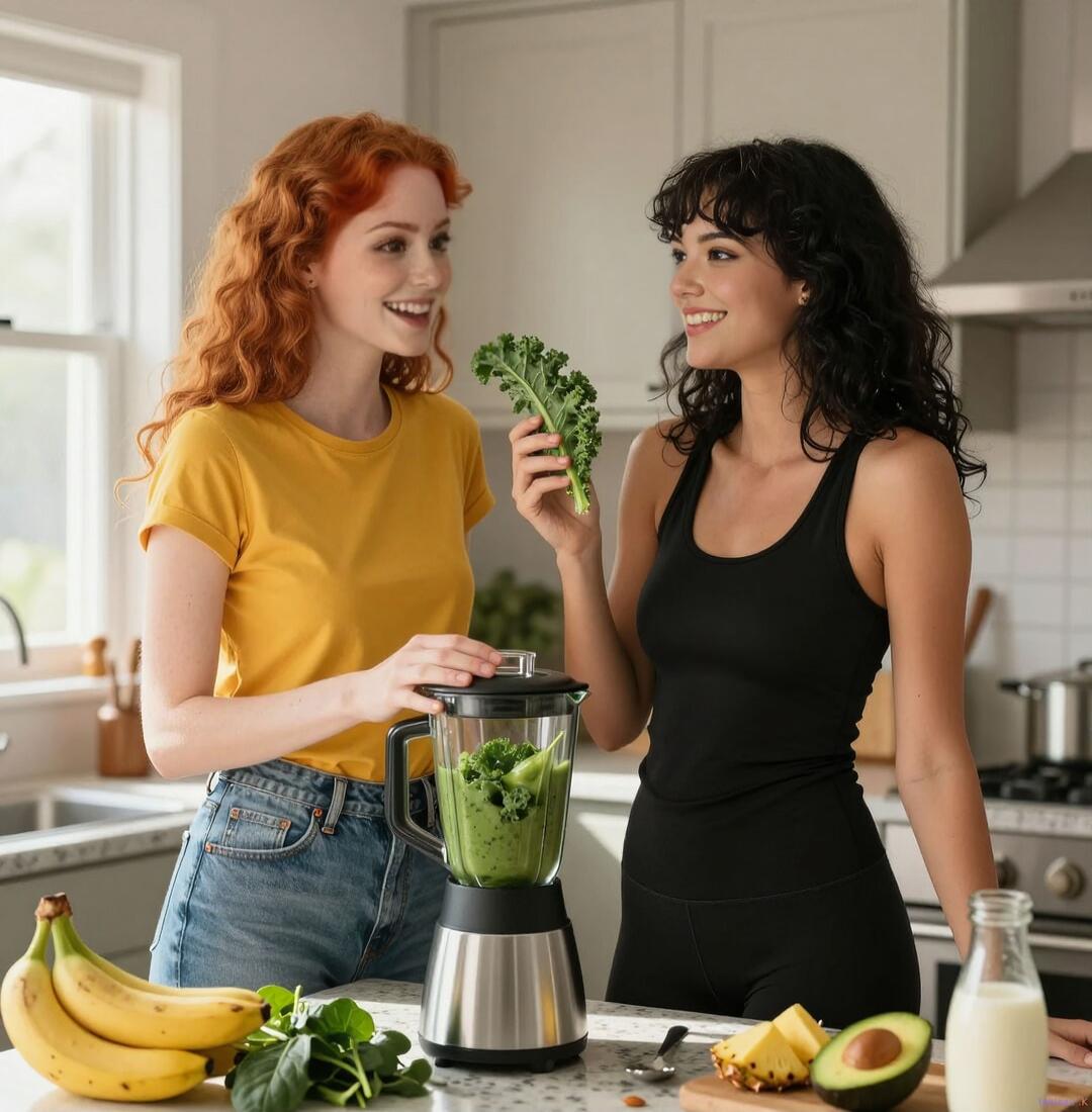 Two women are in a kitchen, preparing a green smoothie. One woman with red hair is holding the blender lid, while the other with dark hair holds a piece of kale. Various fresh ingredients like bananas, spinach, pineapple, and avocado are on the counter. They are smiling and interacting.