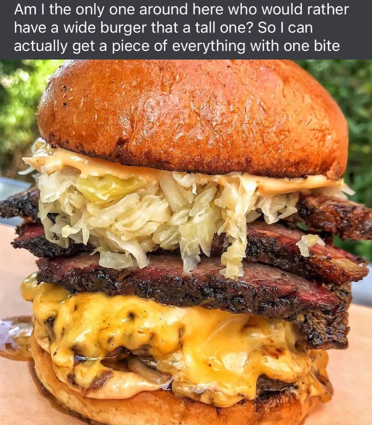 Am the only one around here who would rather have a wide burger that a tall one So can ElaElY get a plece of everythlng with one bite