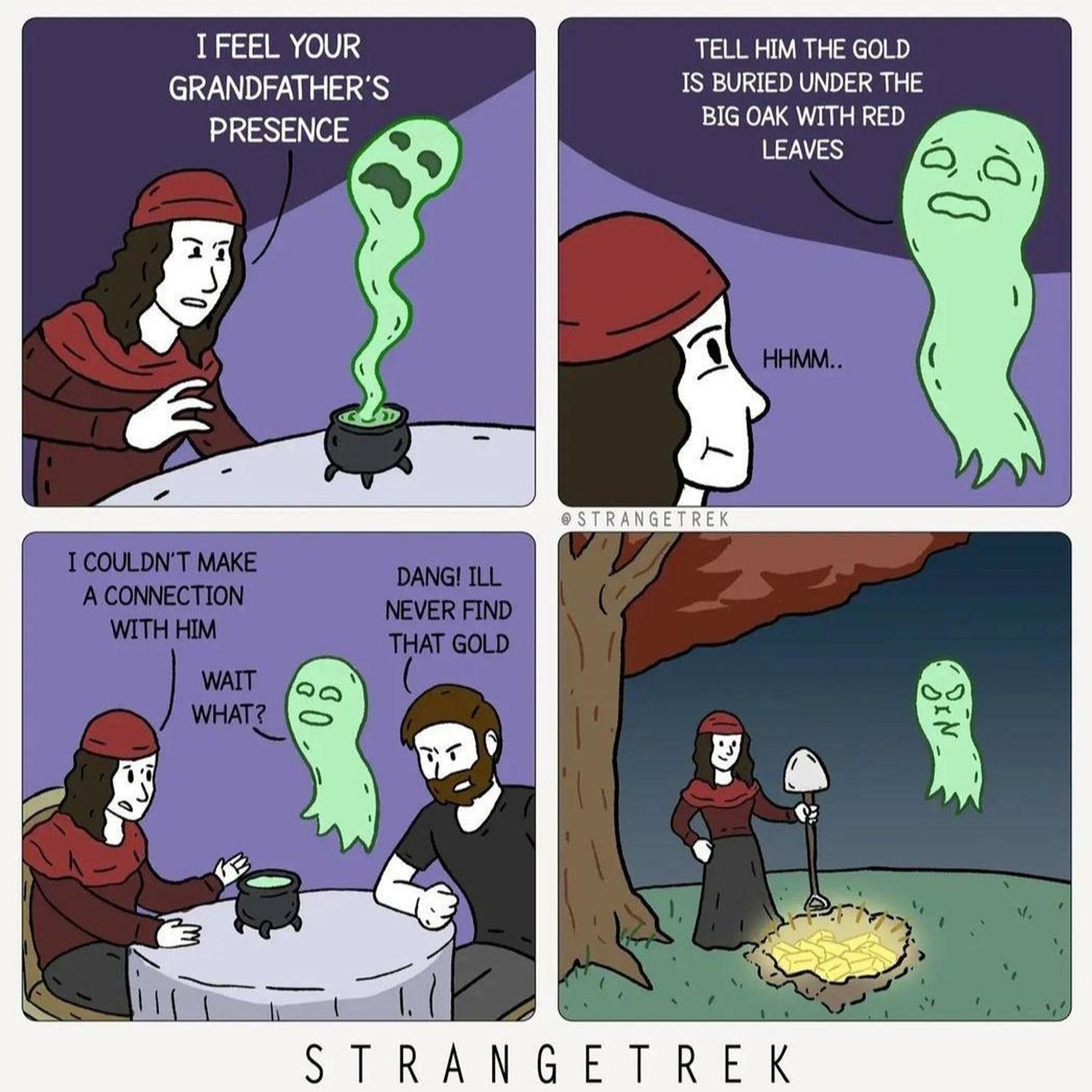 TFEEL YOUR TELL HIM THE GOLD GRANDFATHERS 1S BURIED UNDER THE PRESENCE BCOKWTHRED STRANGETREK