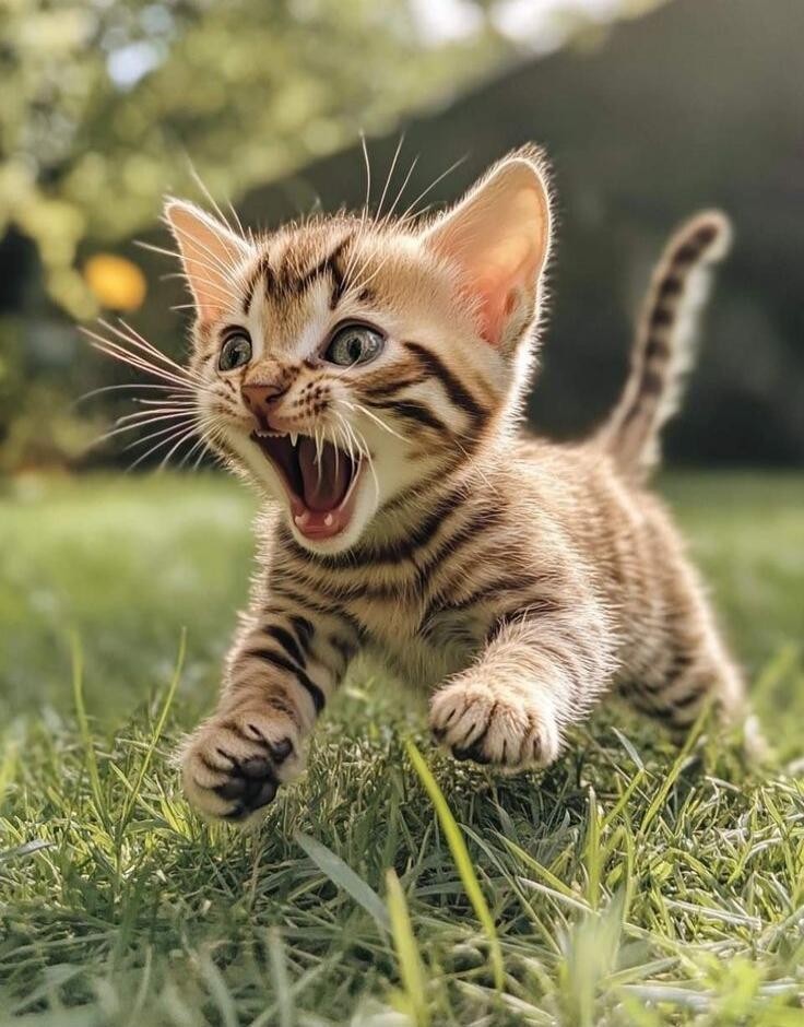 A small kitten in a grassy field, mouth open as if meowing.